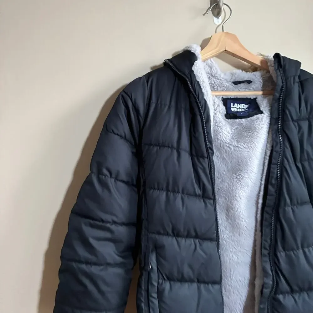 Lands' End faux fur lined black puffer winter jacket kids' size large 10-12